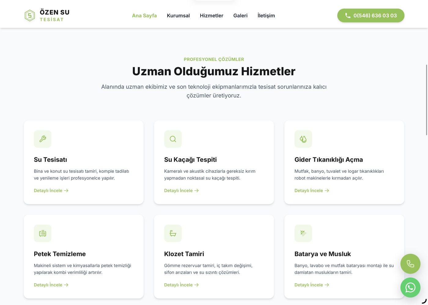 Özen Su Tesisatı web sitesi hizmetler